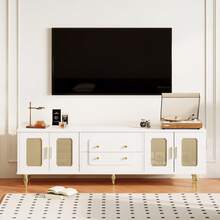 Low Cabinet, Retro-Style TV Stand: Gold Handles, Plenty Of Storage Space. With A Glass Door And Solid Wood Legs. - 白色+刨花板+70-79英寸 - 查看 3