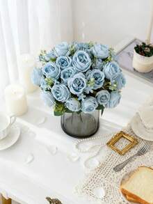 1/80支浪漫丝绸牡丹绣球花束人造花装饰，塑料手捧花，适用于婚礼/家居/卧室/客厅/餐桌装饰/新娘捧花/母亲节 - 淺藍色 - 查看 5