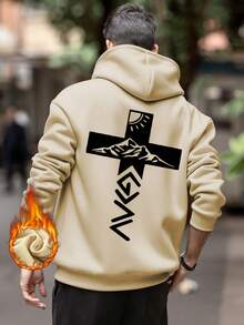 男士休闲简约街头户外山地印花宽松保暖连帽卫衣 | 时尚长袖上衣 - 杏色 - 查看 4