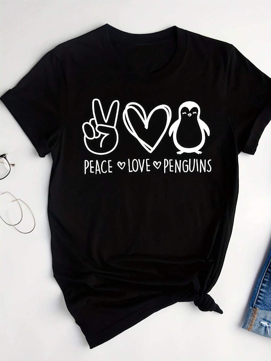 Peace Love Penguins Shirt Funny Animal Lover Tee,This Fun Printed Casual T-Shirt Is The Perfect Gift For Valentine's Day/Christmas - 款式16 - 查看 1