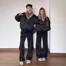 American Fur Collar Jacket Padded Men's Winter Short Thickened Seat Mountain Carving Jacket Deconstructed Design Couple Padded Jacket - màu đen - Xem 4