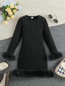 Girls Elegant Fashion Fuzzy Splice Cuff Design Brushed Ribbed Fabric Fitted Long Sleeve Dress, Outdoor Party, Autumn/Winter, Machine Washable - Black - View 2