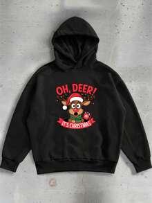 Christmas Reindeer & English Text Graphic Casual Pullover Sweatshirt For Teen Boy, Suitable For Street, Outdoor, Holiday, Daily Wear - Black - View 2