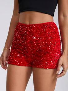 Quần short siêu ngắn lấp lánh màu đỏ đính sequin dành cho nữ, thích hợp cho các buổi tiệc và liên hoan, sequin đỏ sang trọng cho Giáng sinh và Năm mới. - Đỏ - Xem 6