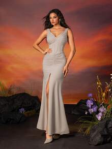 VIPGIRL Silver Gray Waist Cinched Front Slit Elegant Bridesmaid Dress - Light Grey - View 1