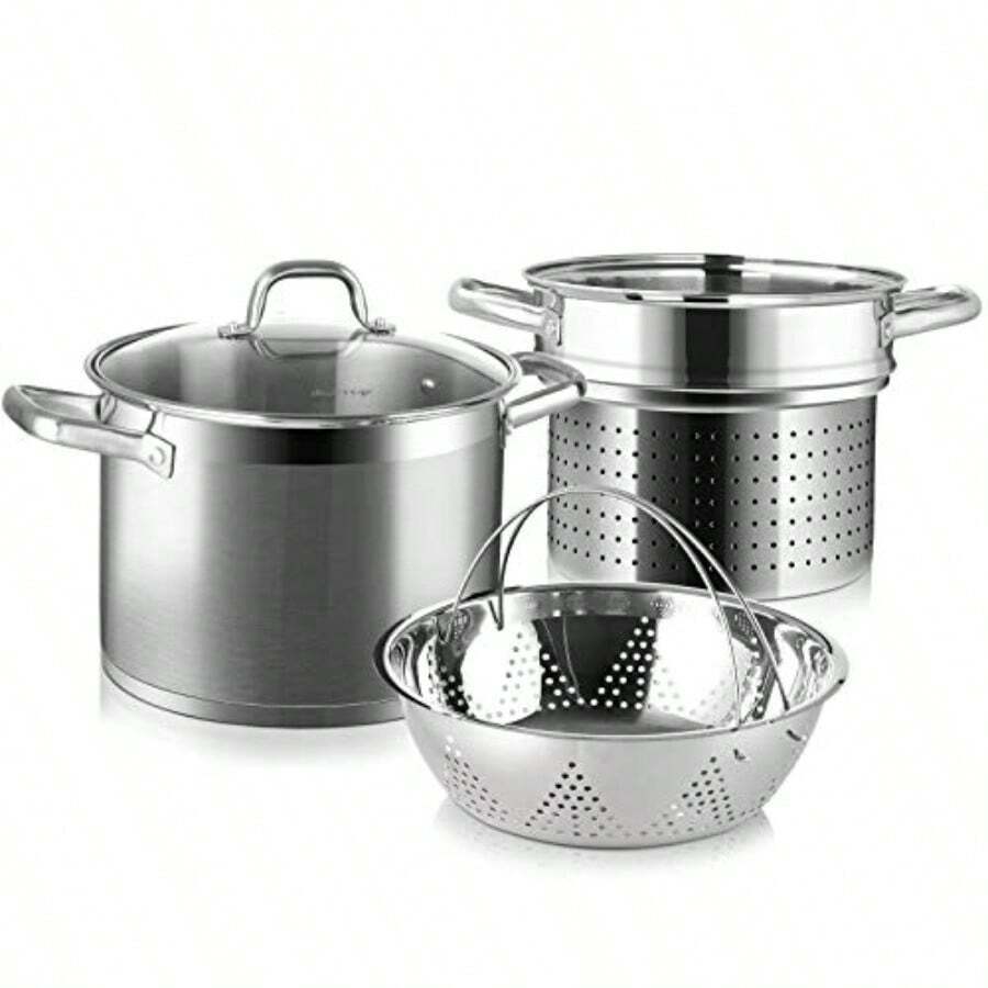 Professional Stainless Steel Pasta Pot With Strainer Insert For Efficient Cooking And Steaming 4Piece Set Includes Pasta Pot And Steamer Pot 8.6Qt InductionReady Stock Pot With Durable Glass Lid Advanced ImpactBonded Technology For Even Heat Distribution And LongLasting Performance In Kitchen Use - 4件 - 查看 1