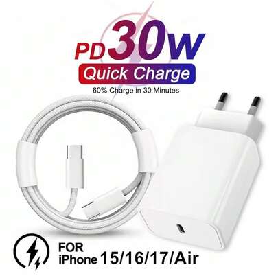 Adaptador de Parede de Carregamento Rápido PD 30W + Cabo Trançado de Carregamento Rápido e Transferência de Dados de Alta Eficiência 3,3ft/100cm, Compatível com iPhone 17 Pro Max/17 Pro/17/Air/16/15, S25/S24/S23/S22/S21/S20, Série iPad