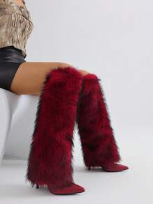 Women's Faux Fur Boot Furry Fluffy Stiletto High Heel Knee High Warmplush Shoes Luxury Fashion Design Sexy Winter Boots For Woman - Đỏ - Xem 3