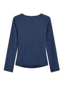 女士二合一抓绒针织打底衫，修身蕾丝边短款上衣，秋冬款 - 藏蓝色 - 查看 5