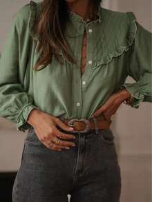 Women's Comfortable Casual Elegant Office Commute Minimalist Design Long Sleeve Blouse, Autumn Spring - Green - View 2