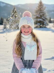 مجموعة قبعة وأوشحة مزينة بالترتر على شكل فراشة للأطفال البنات، مجموعة إكسسوارات شتوية دافئة - 2 قطعة - مشاهدة 9