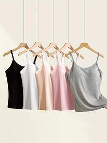 3Pcs Random Color Camisoles For Women With Built In Bra, Simple Elastic Breathable Tank Top, Basic Top Layering Tank Top Padded Bra Undershirt - 3 màu ngẫu nhiên - Xem 2