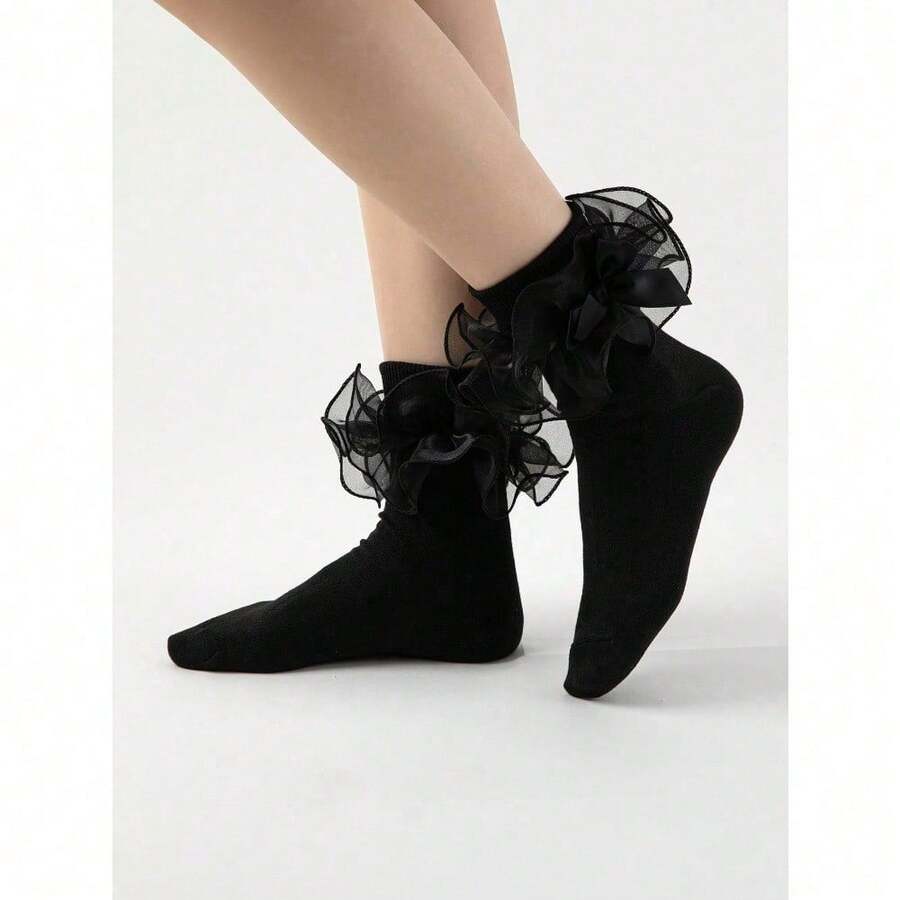 Women's Contrast Mesh Ruffle Trim Mid-Calf Socks - màu đen - Xem 1