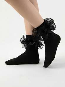 Women's Contrast Mesh Ruffle Trim Mid-Calf Socks - màu đen - Xem 4