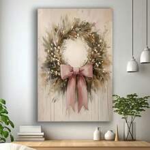 Franed Vintage Christmas Floral Poster - Pink Wreath With Bow In Soft Pastel Whites, Beiges, -  Canvas Wall Art -  Holiday Home Decor, Housewarming Gift - Minimalist Winter Decoration, Festive Room Accent, Neutral Color Decor, Handcrafted Look, Highquality Print, Interior Design Enthusiasts Christmas Wall Art - 框架 - 查看 2