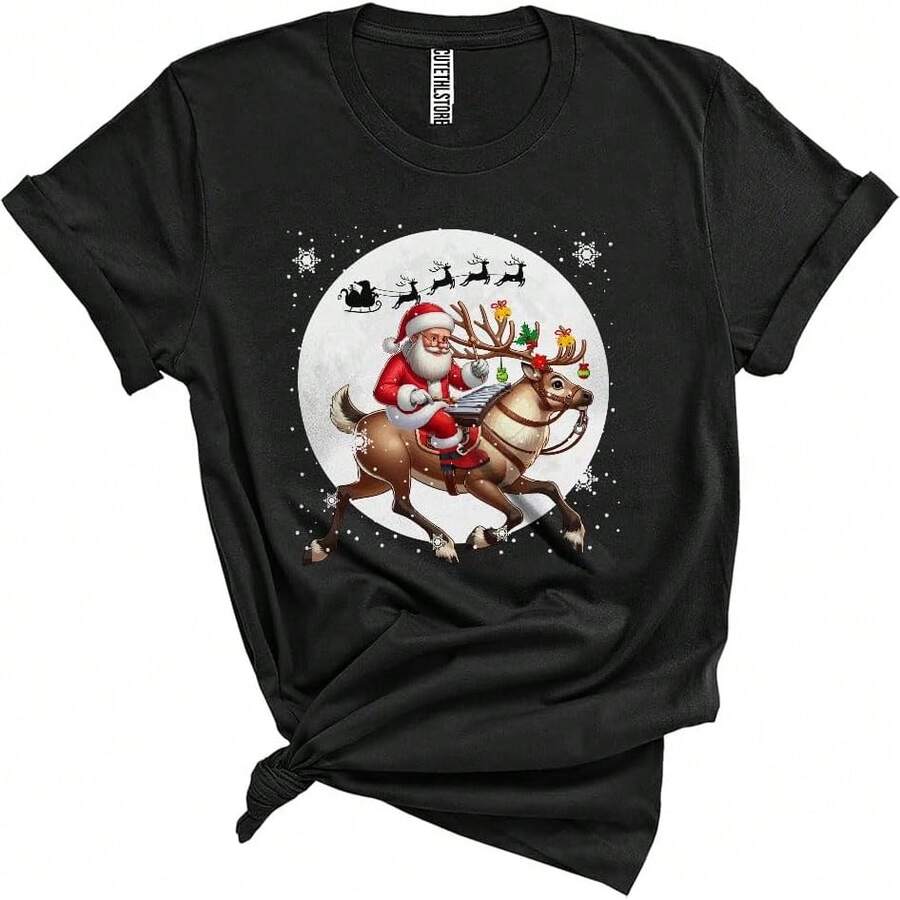 Santa Riding Reindeer Playing Xylophone, Joyful Funny Christmas Musical Instruments, X-Mas Family Un - màu đen - Xem 1