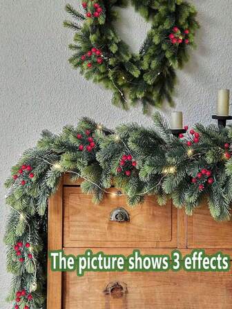 1/3 件，180 厘米/70.86 英寸，人造圣诞花环配红色浆果，豪华假松树花环装饰，适用于家庭、客厅、室内、风景、节日、房间、家庭、办公室、派对、圣诞节、桌面