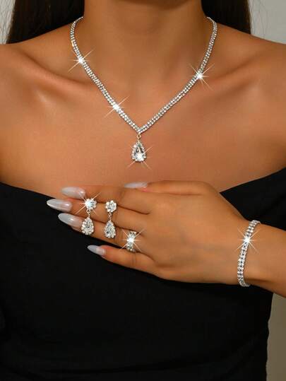 1 Set minimalistischer, eleganter Blumen-Schmuckset mit Anhänger-Kette, Ohrringen, Armband und Ring, Strass-Braut-Hochzeits-Accessoires, Party-/Valentinstags-Geschenk, Muttertags-Geschenk