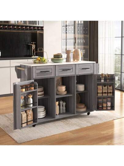 139x46(71)X91.5cm Dining Trolley/Sideboard, Zwart Body Solid Wood Grain Worktop, Fold Down Storage Door, Casters, Replaceable Feet, Room, Kitchen. Serving Trolley/Side Cabinet, Grijs Veneer The Wit Marble ation Cabinet/Fold Worktop/Storage Doors/R view 5