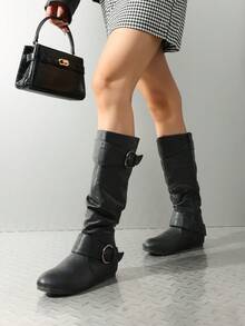 Women's Wide Calf Knee High Boots, Fur-Lined Low Hidden Wedge Boots - màu đen - Xem 2