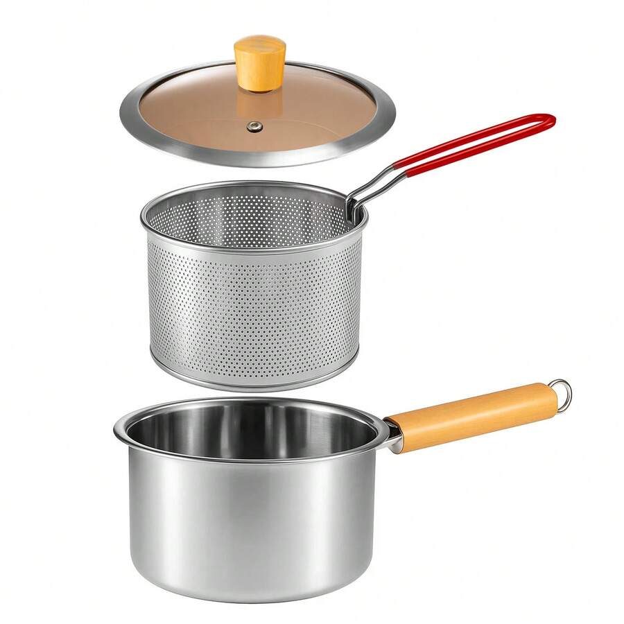 Deep Fryer Pan With Removable Basket – Premium Stainless Steel Cooking Pot For Frying Fish, Shrimp, Chicken, And Fries – Features Clear Lid & Built-In Oil Drainage System - Silver - View 1