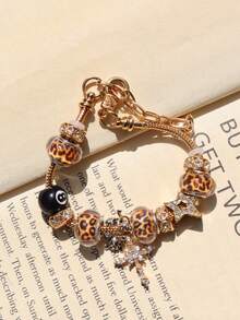 1pc Leopard Print Cherry #8 Billiard Ball Charm Bracelet, 1pc Leopard Print Heart Bracelet, 1pc Leopard Print Panther Bracelet, 1pc Leopard Print Star DIY Bracelet, Retro Music Festival Fashion Bracelet