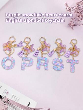 Purple Snowflake Heart Resin Sequin Glitter English Letter Keychain Bag Charm Pendant
