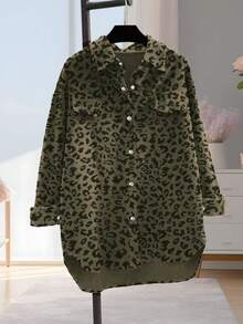 Women's Solid Color Front Button Long Sleeve Faux Pocket Casual Shirt Spring Vacation - Green Print - View 3