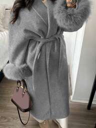 Ny elegant damjacka med fuskpälsärm och knytband, exklusiv lång kappa med skärp, bantning, kimonomodell, höst/vinter