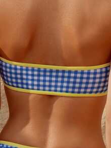 wohenmeili Plaid Print Contrast Trim Halter Neck Bikini Set Vacation - Light Blue Checkered White With Yellow Trim - View 9