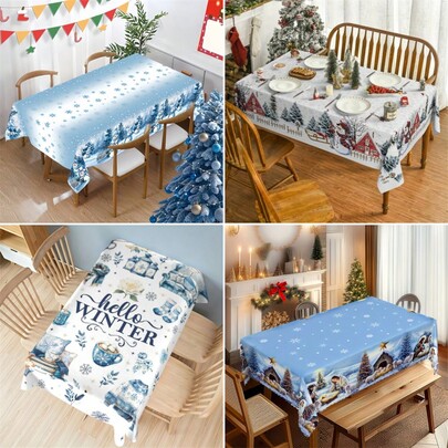 1pc Winter Snowman Themed Tablecloth, Vibrant Patterned Tablecloth, Polyester Tablecloth, Festive Party Decoration, Elegant And Durable Indoor And Outdoor Dining Table Decoration, Kitchen Accessory, Suitable For Everyday Use In Family Kitchens, Dining Rooms, Patios, Picnics, Patios, Indoor And Outdoor Sets, And Makes A Great Gift For Family And Friends.