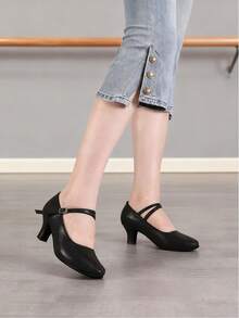 Black Latin Ballroom Dance Shoes For Women, Slip-On And Buckle Design, Soft Flexible Sole For Indoor Floor Training Practice Performance