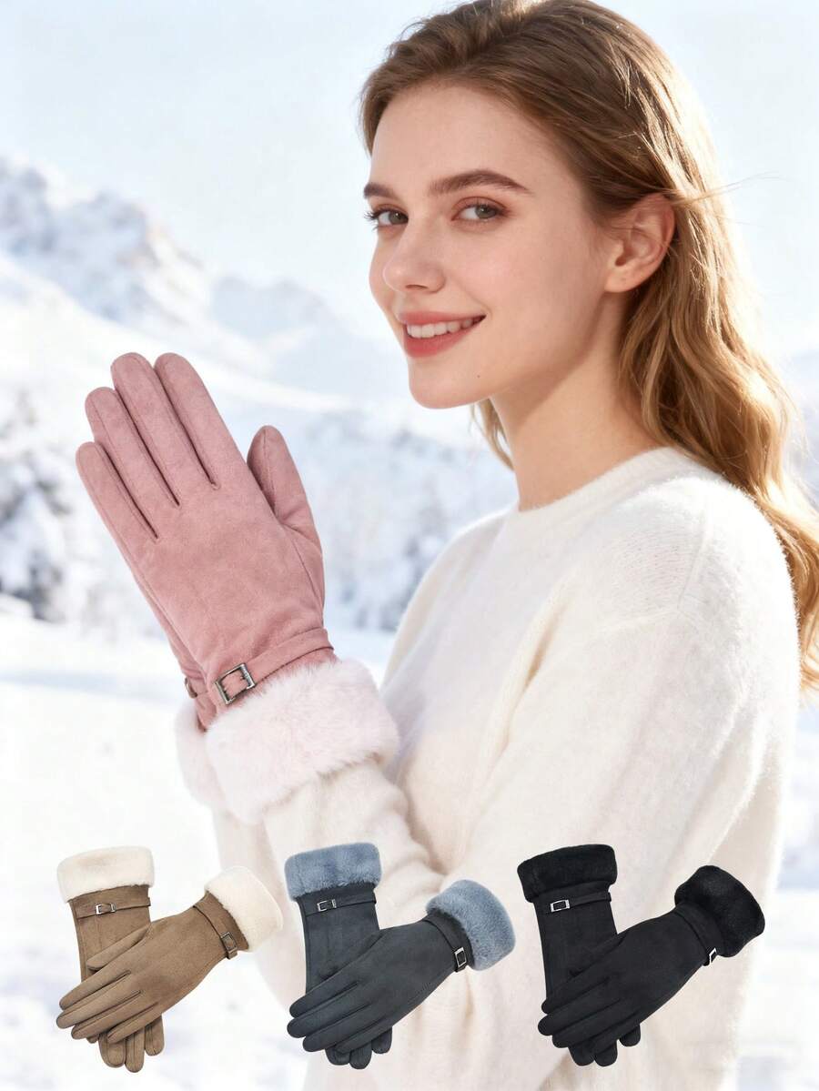 1 Pair Of Cartoon-Print Women's Thermal Lined Gloves, Featuring A Cute Style With A Thermal Lined Split-Finger Design, Perfect For Winter Warmth And Fashionable Outfits.