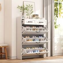 Schuhschrank mit 3 großen Klappen und 2 Schubladen, Holz, Aufbewahrungsmöbel für Eingangsbereich und Wohnzimmer, Schuhregal mit Klappen und Schubladen,B80/T23.5/H131 cm - Weiss - Übersicht 5