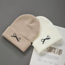 1 Pc Embroidered Bow Beanie Hat, 3D Bowknot Design, Soft Knit Warm Skull Caps For Winter, Unisex, Black & White Set - Multicolor - View 10