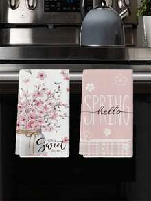 2Pcs Watercolor Pink Cherry Blossom Vintage Victorian Style Worn Rose Blue And White Porcelain Flower Orange Soda Pattern Kitchen Towels Farmhouse Farm Decoration Kitchen Dishcloth Holiday Party Supplies Bathroom Hand Towels For Dining Room Tables - Pink - View 3