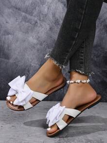 Pantuflas planas cómodas con lazo y calado para mujer, muy vendidas para el verano - Blanco - Ver 5