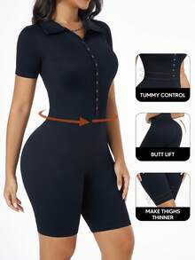 Women's Ribbed Knit Shapewear Jumpsuit, Short Sleeve, Tummy Control, Button Closure, Cropped Jumpsuit - Black - View 3