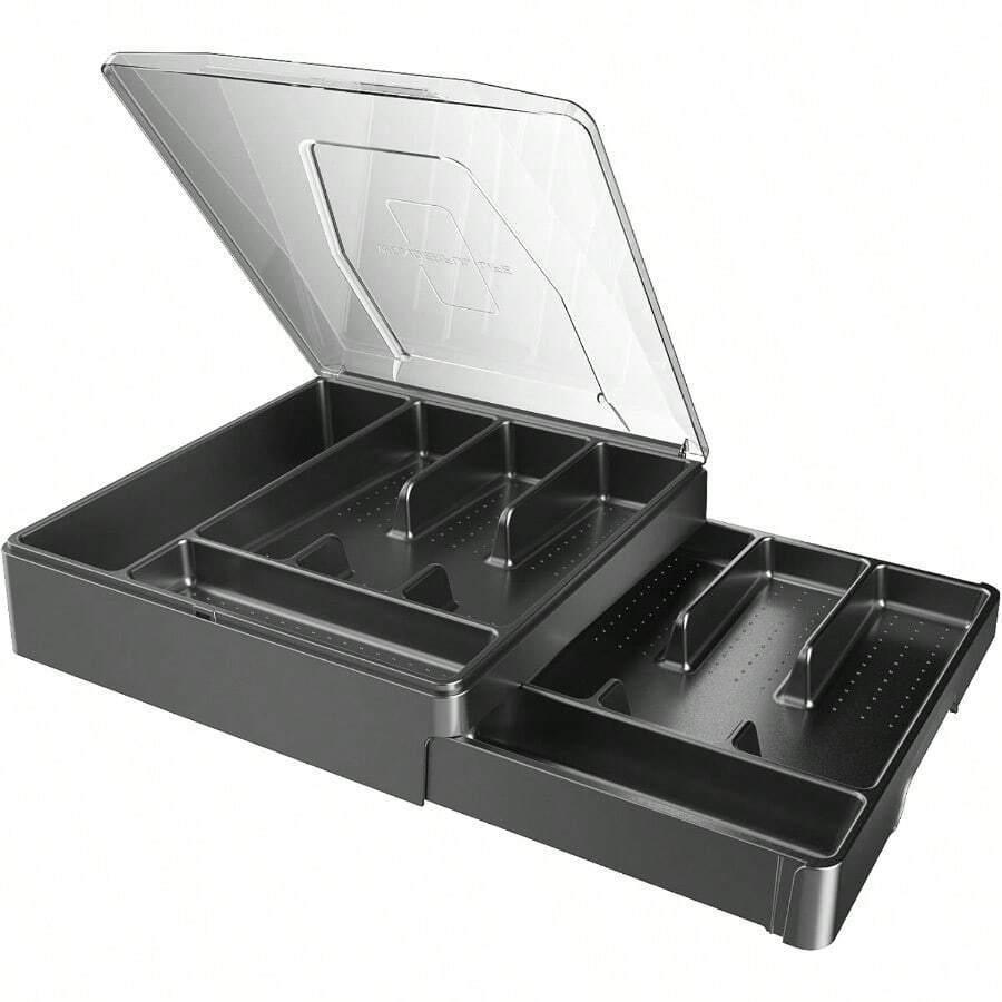 TFKI Double Layer Silverware Tray With Lid Drawer Organizer For Utensil Tray Cutlery Storage Holder With Cover Black - 黑色 - 查看 1