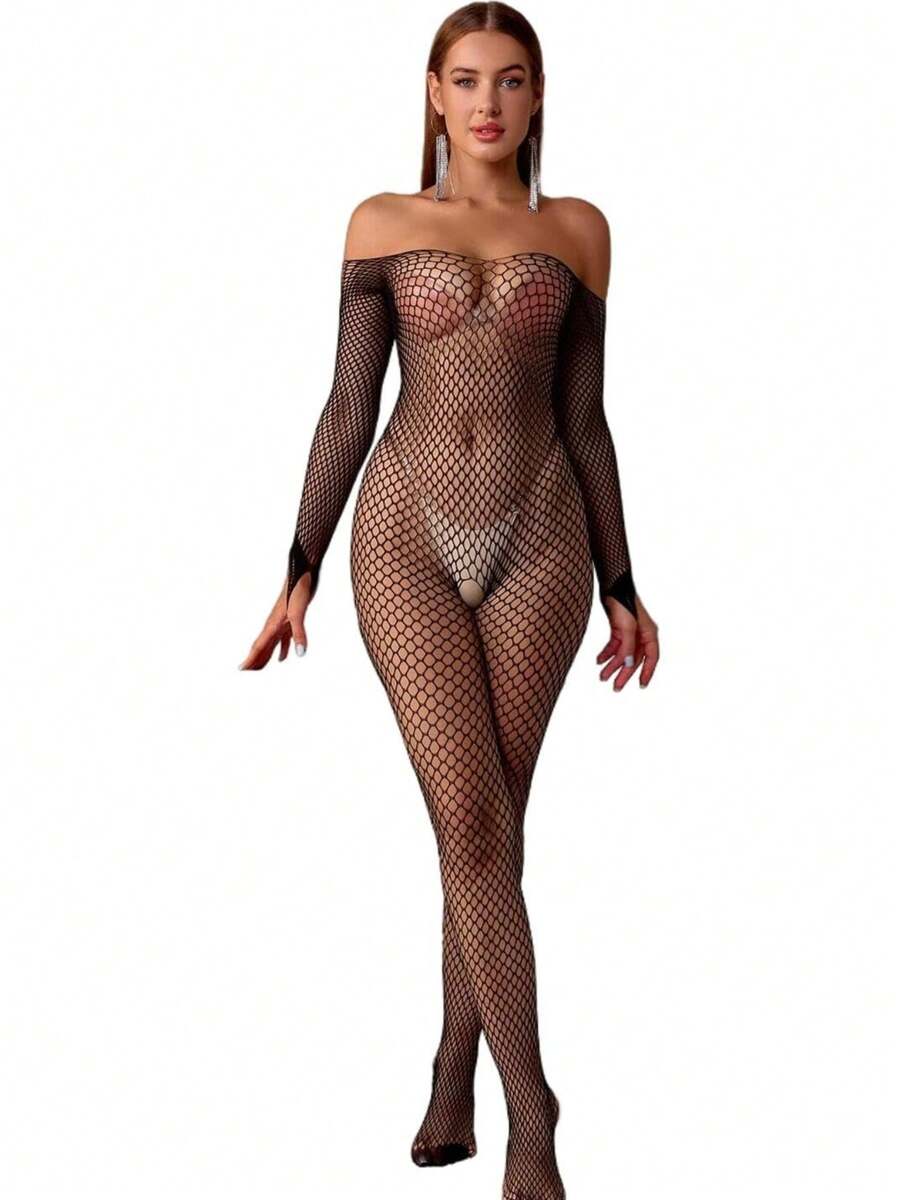 Women Fishnet Bodystocking Sexy Badydoll Bodysuit Soft Nightwear Lingerie One Piece - 黑色 - 查看 1