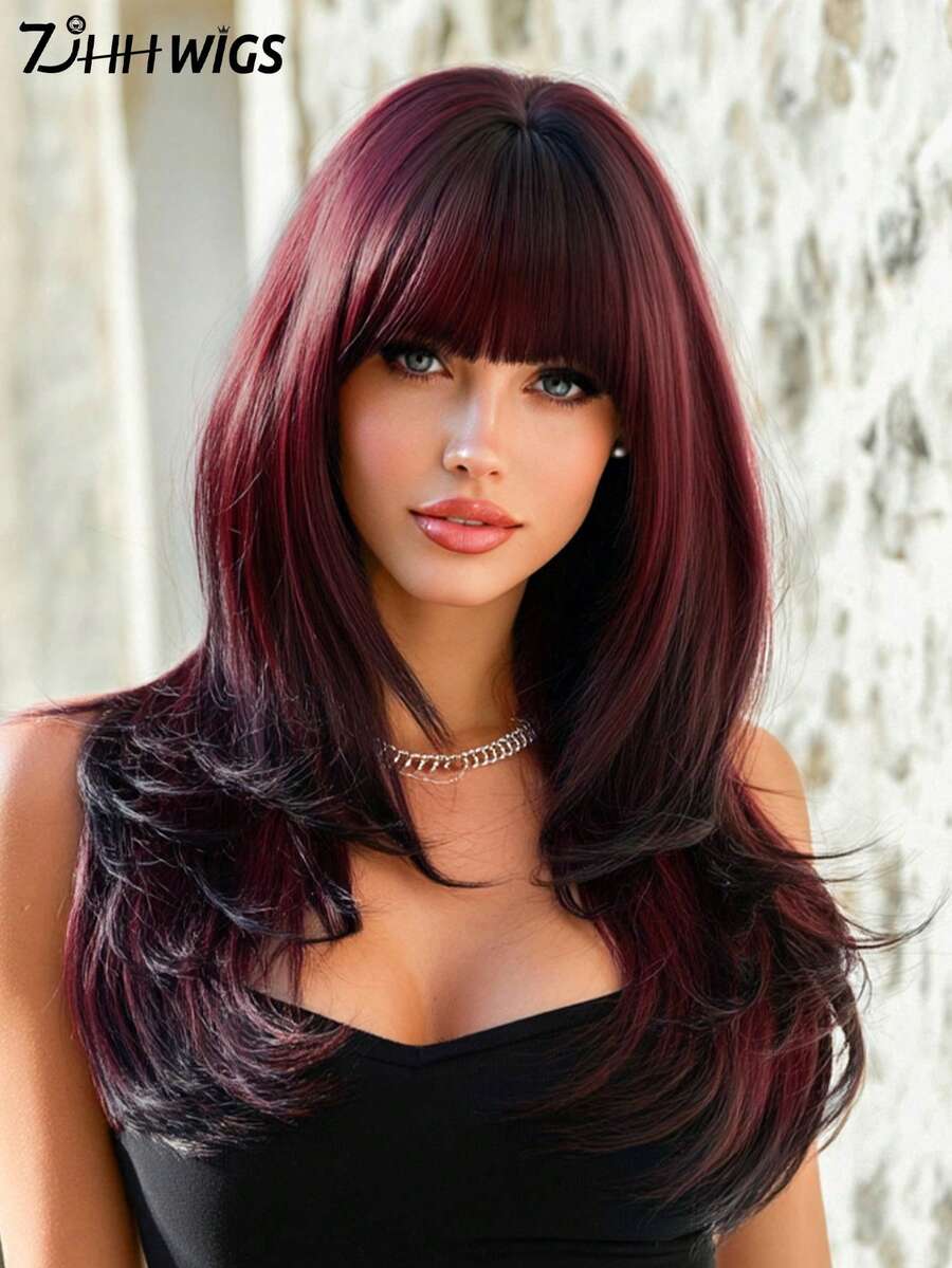 7JHH WIGS Glam 24-Inch Long Layered Wine Red Ombre Wig With Bangs For Women, Dark Roots Soft Heat-Resistant Fiber Full Machine Synthetic Straight Hair Wigs For Daily Party Cosplay Halloween Wear, Music Festivals Celebrations Use - 酒紅色 - 查看 1