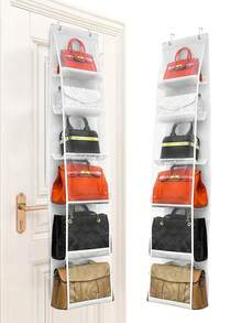 1个6口袋收纳挂袋，壁挂式透明PVC钱包收纳架，节省空间防尘门袋，适用于钱包、鞋子和配饰。