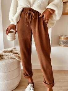 Women's Comfortable Leisure Linen-Twill Striped Leopard Print Pocket Drawstring Casual Pants For Daily Use In Autumn And Winter - Brown - View 3