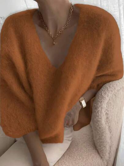 Casual V-Neck Solid Color Fine Velvet Knit Sweater