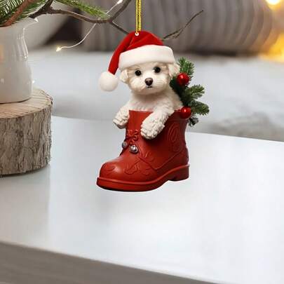 Charming Acrylic Christmas Tree Ornament - Red Boots & White Dog Design, Perfect For Holiday Decor, Backpack Charms & Car Hangings