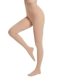 半双装 女士 80D 杏色舒适连裤袜，简约纯色紧身裤 - 杏色 - 查看 12