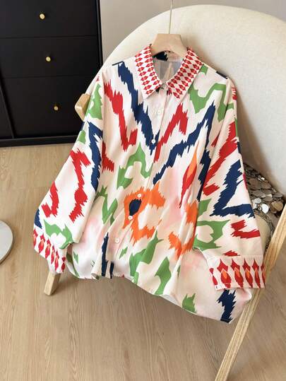 1pc Women's Floral & Leaf Print Button Down Shirt, Casual Vacation Blouse With Pockets, Long Sleeve, EleDitsy FloralPrint Versatile Shirt For Holiday & Everyday Wear