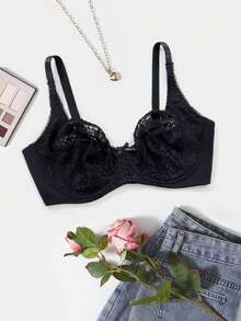 Plus Size Women's Black Sexy Lace Thin Underwire Bra, Full Coverage Lingerie, Halloween - Black - View 5