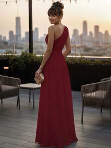 Vestido Largo de Hombros Descubiertos con Abertura Lateral y Escote Asimetrico para Mujer - Rojo violeta - Ver 3