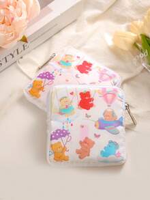 1pc Colorful Bear Cute Girl Sanitary Pad Storage Bag, Cartoon Pattern Mini Coin Purse Cosmetic Bag